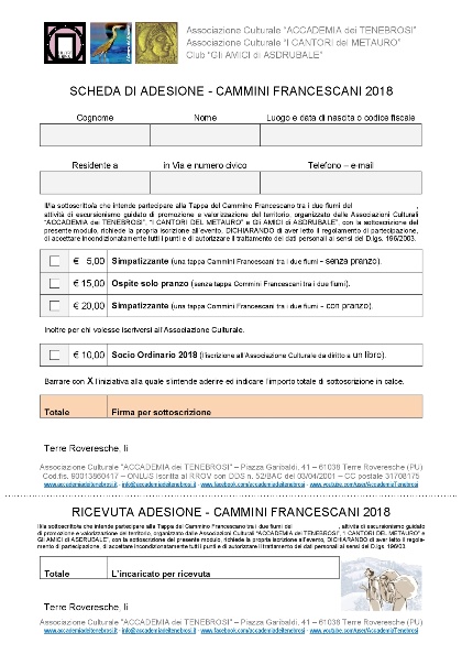 Adesione Cammini Francescani 2018