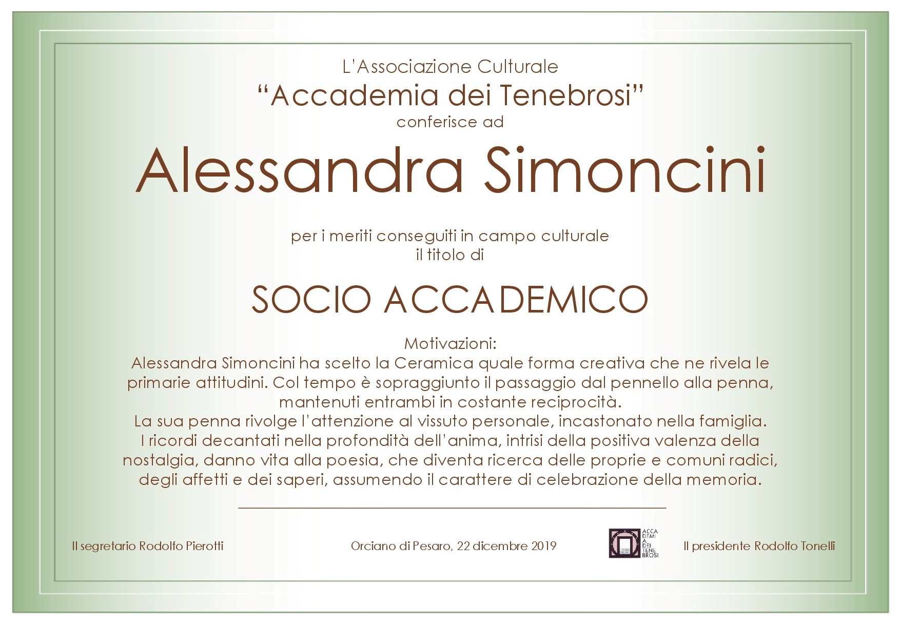 Attestato Socio Accademico Alessandra Simoncini