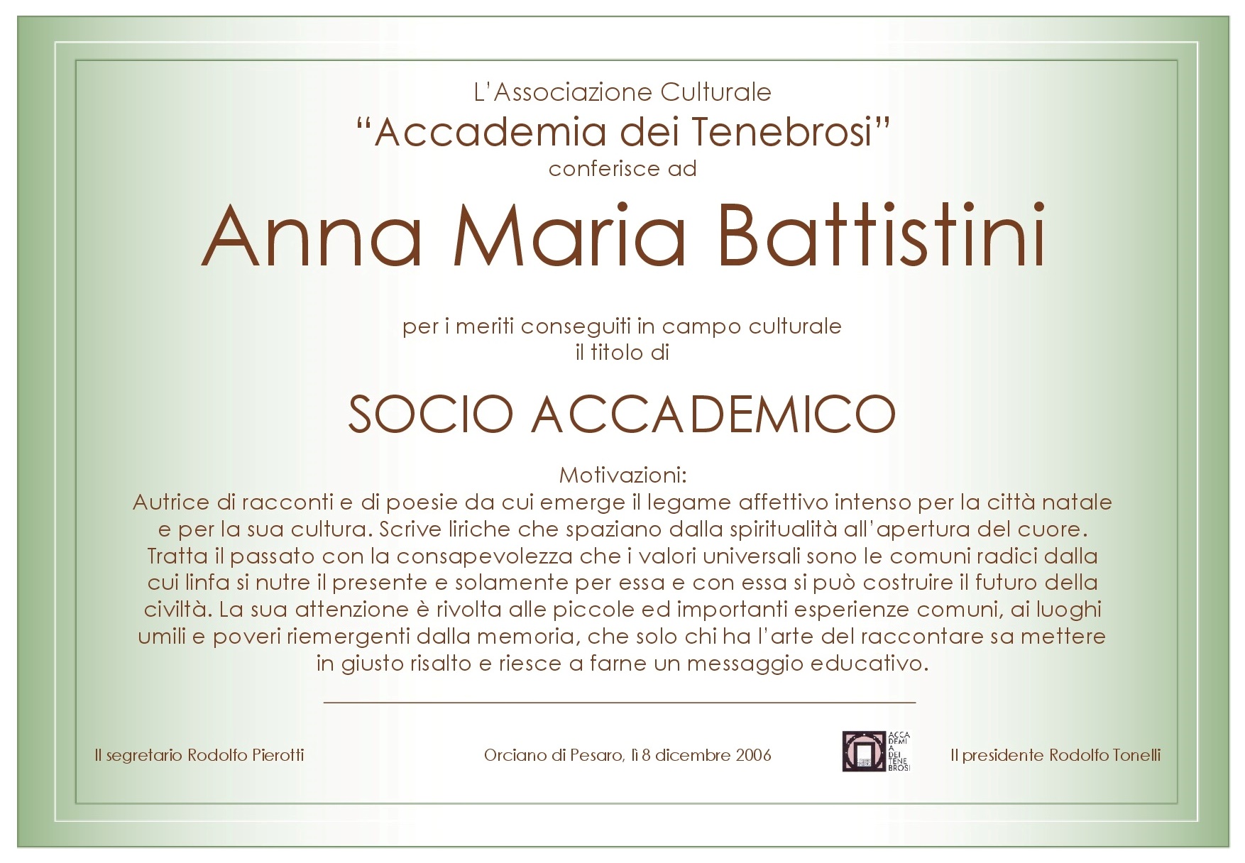 Attestato Socio Accademico Anna Maria Battistini