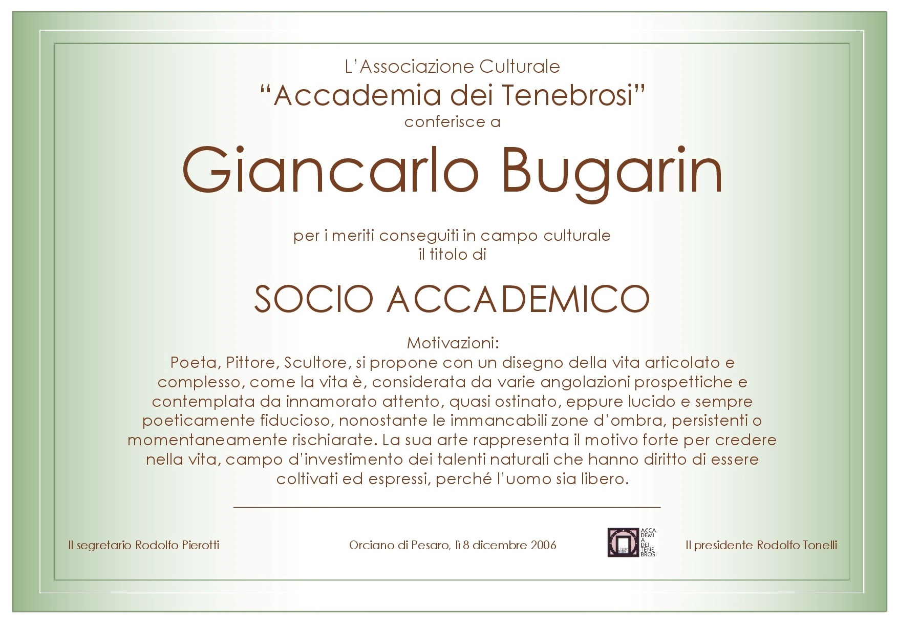 Attestato Socio Accademico Giancarlo Bugarin