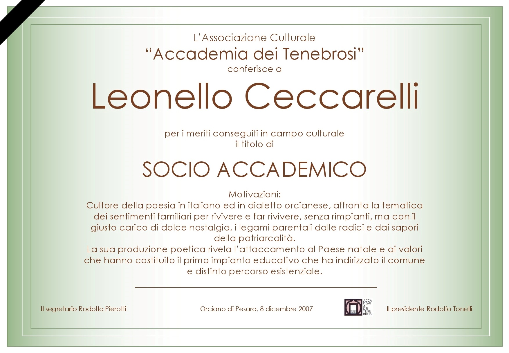 Attestato Socio Accademico Leonello Ceccarelli