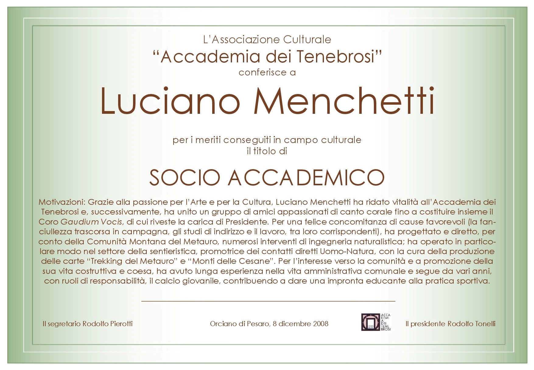 Attestato Socio Accademico Luciano Menchetti