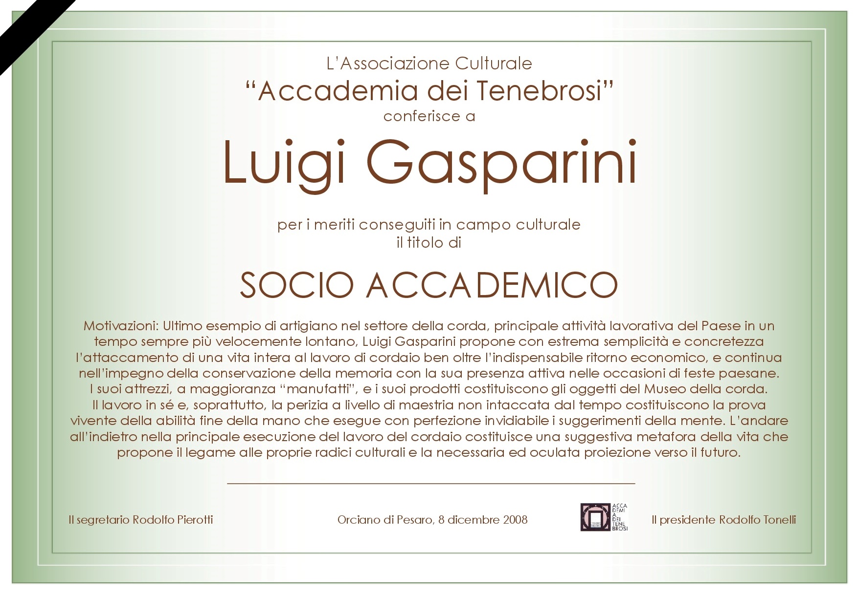 Attestato Socio Accademico Luigi Gasparini