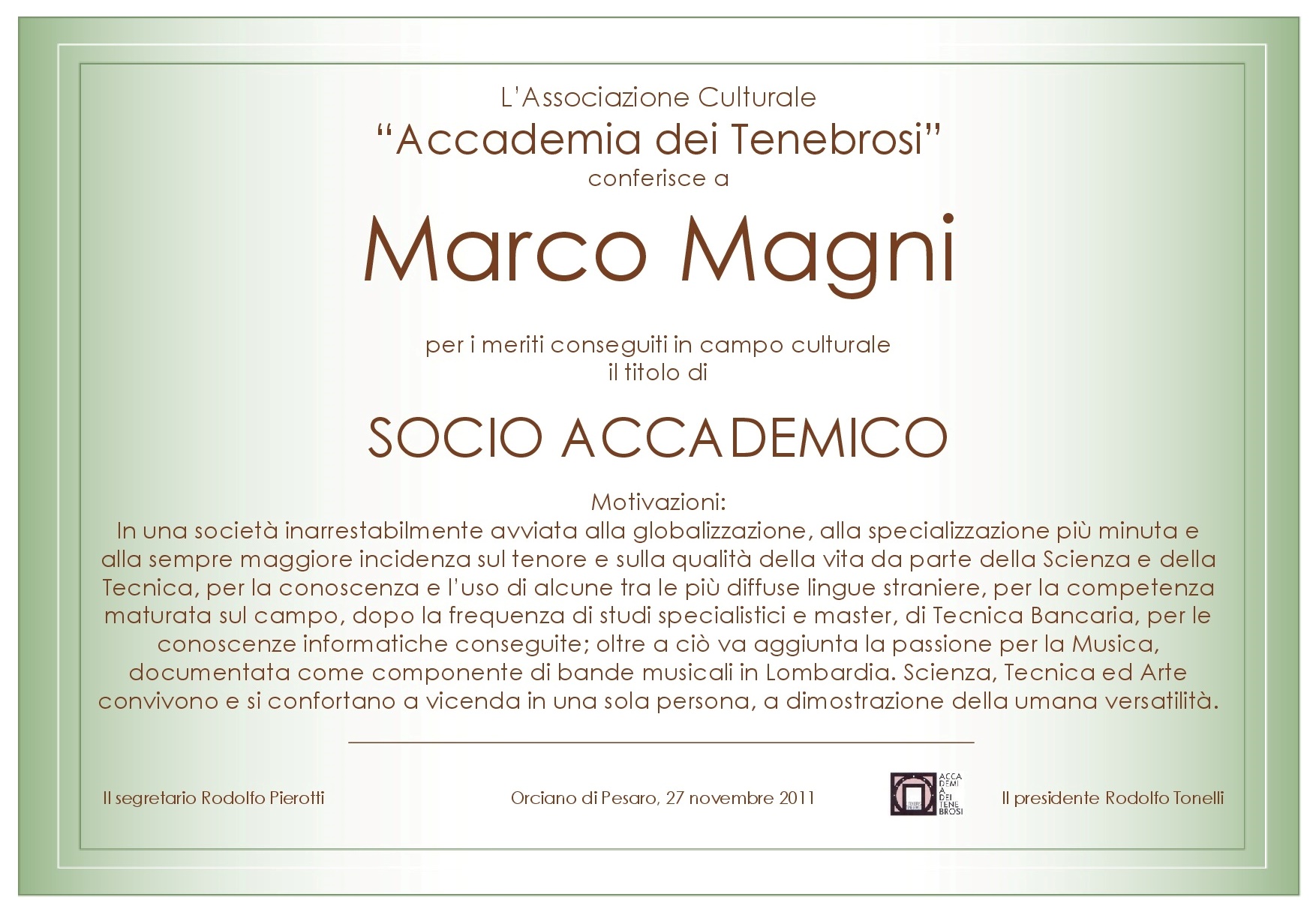 Attestato Socio Accademico Marco Magni