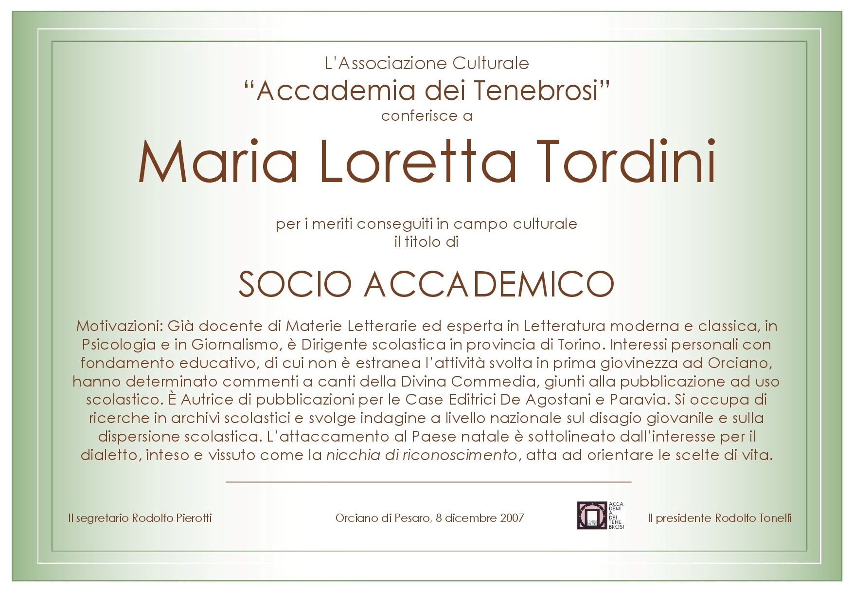 Attestato Socio Accademico Maria Loretta Tordini