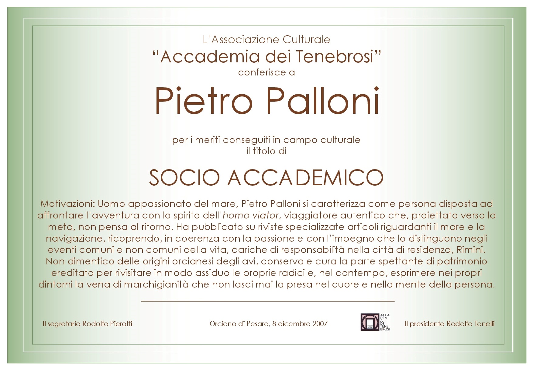 Attestato Socio Accademico Pietro Palloni