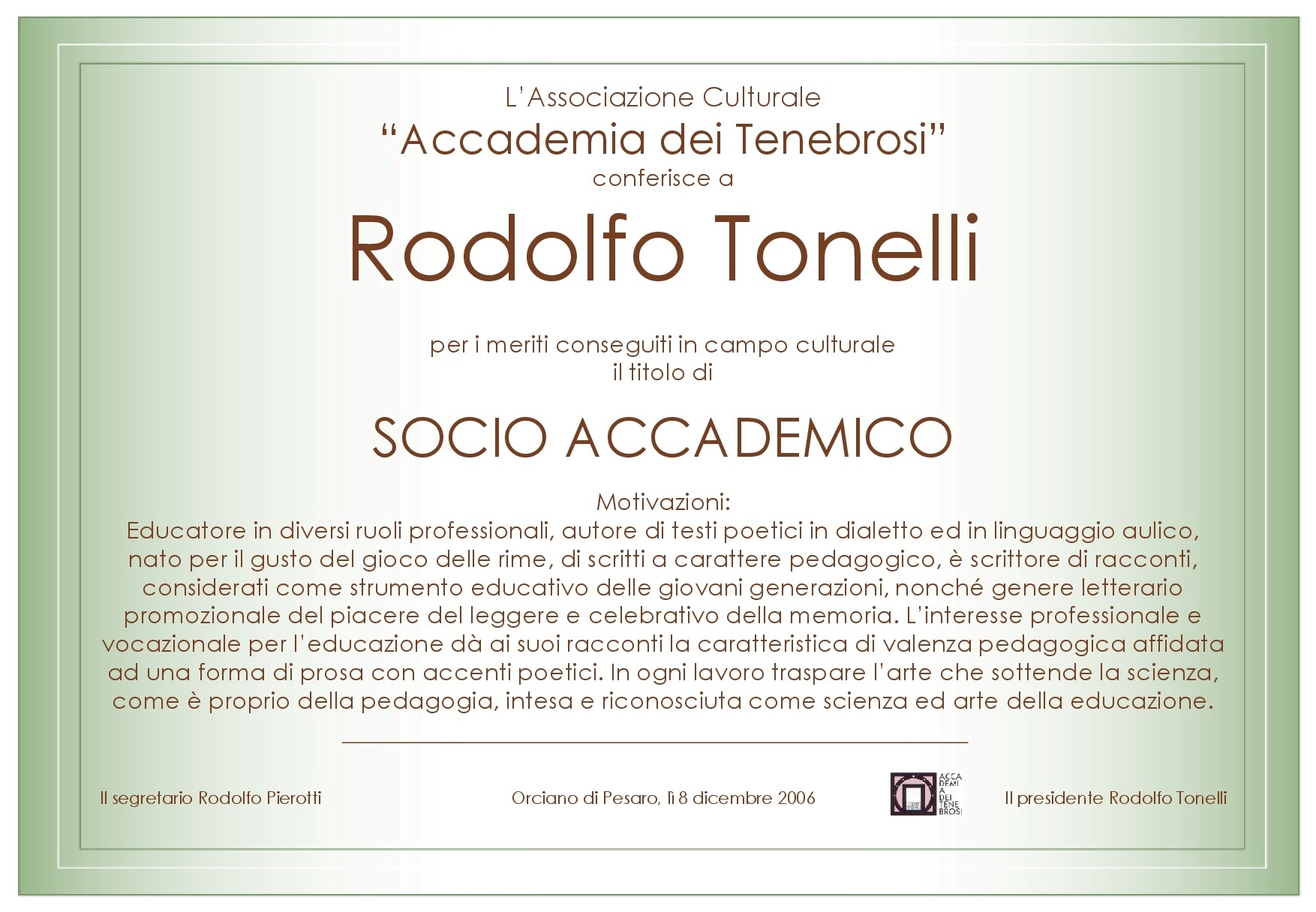 Attestato Socio Accademico Rodolfo Tonelli