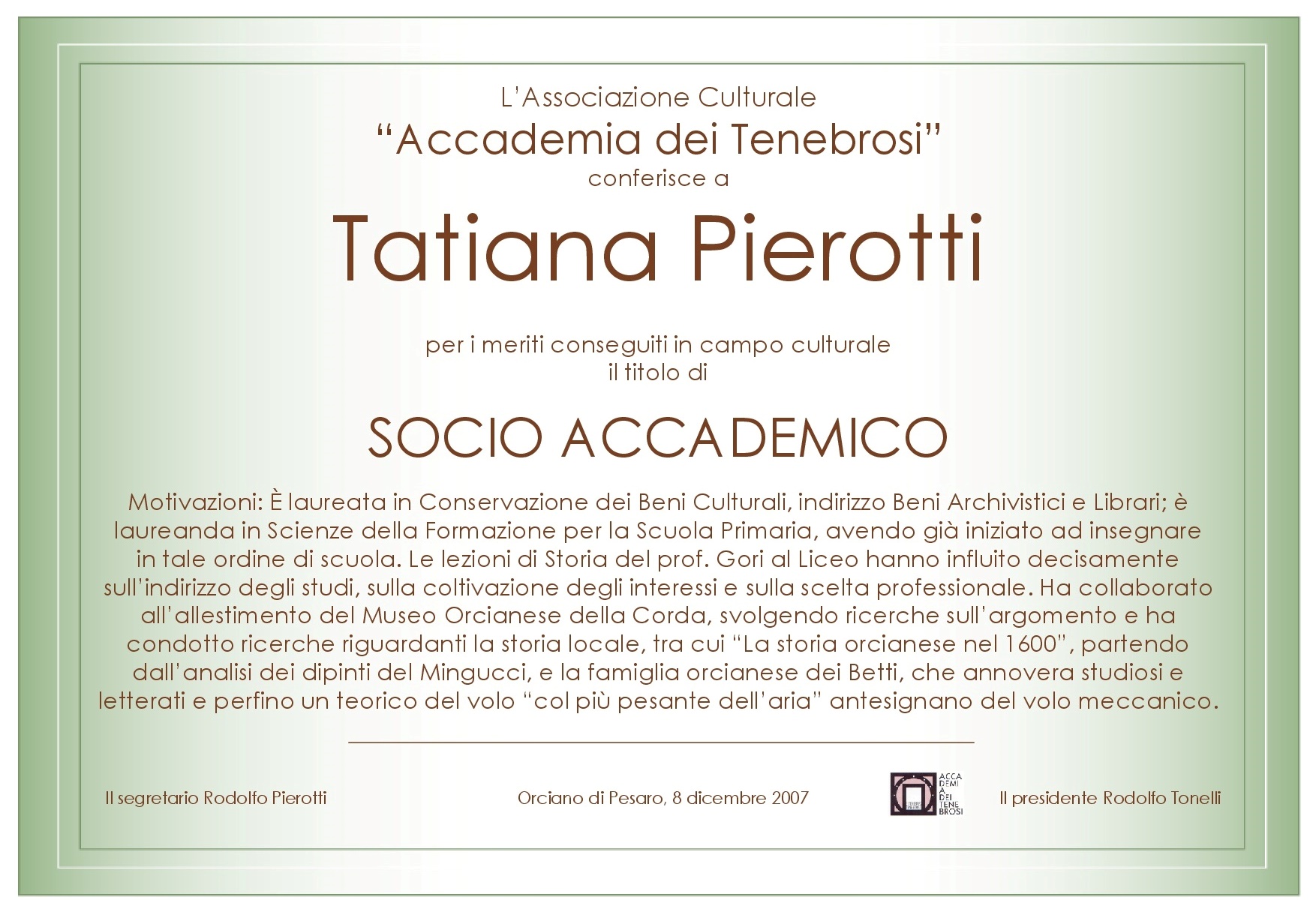 Attestato Socio Accademico Tatiana Pierotti
