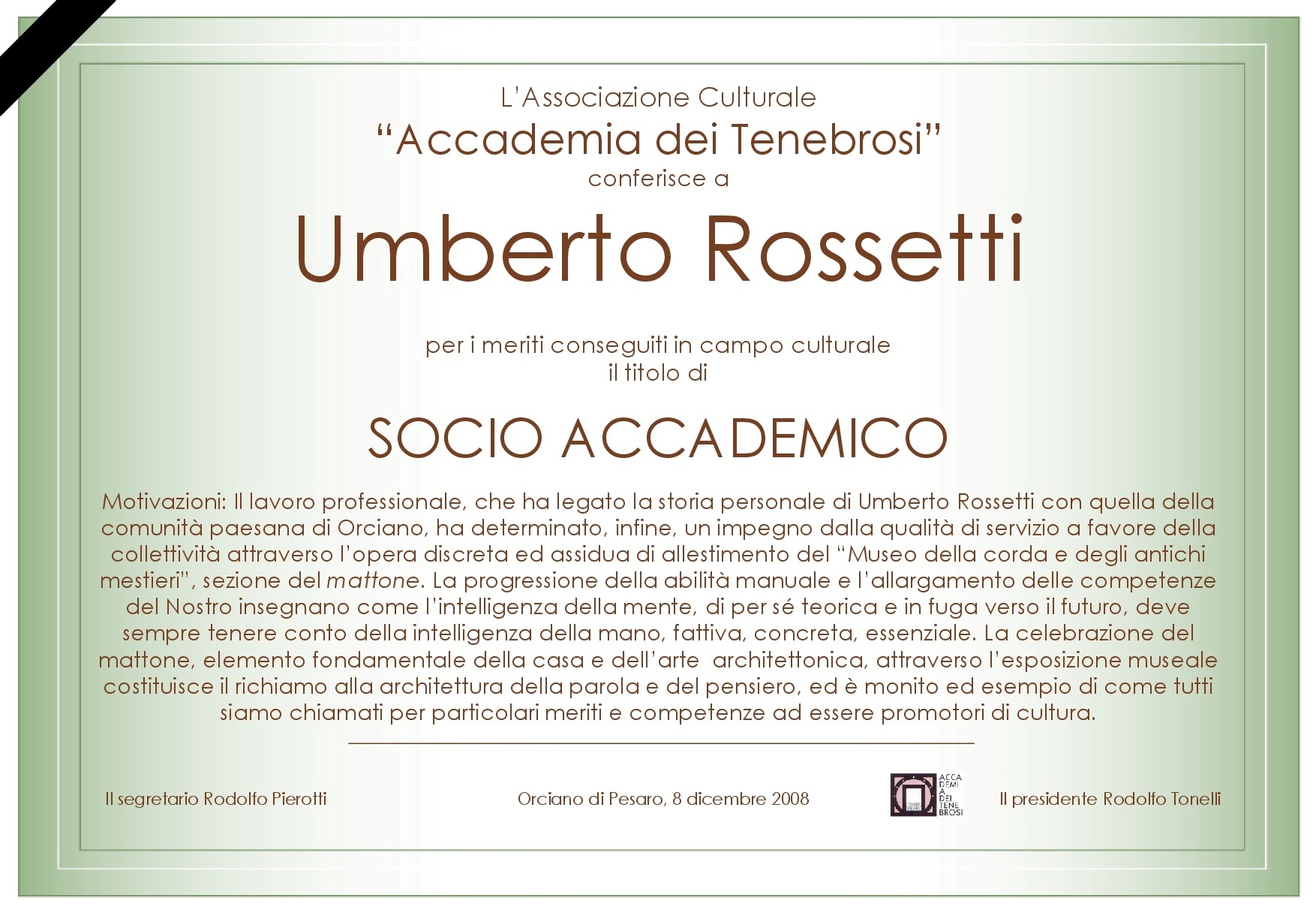 Attestato Socio Accademico Umberto Rossetti